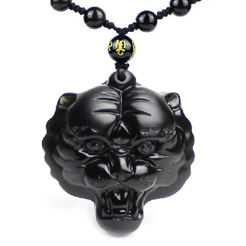 Подвеска с головой тигра из натурального черного обсидиана ожерелье для мужчин и