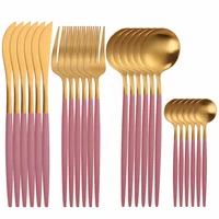 home tableware pink golden dinner set stainless steel cutlery set complete fork spoon knife dinnerware set kitchen tableware