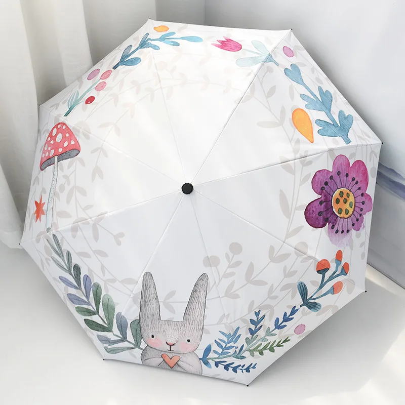 

Children Cartoon Cute Rabbit Rain Umbrella Girls 3-Fold Compact and Portable Mini Sunshade Umbrella with UV Protection for Women