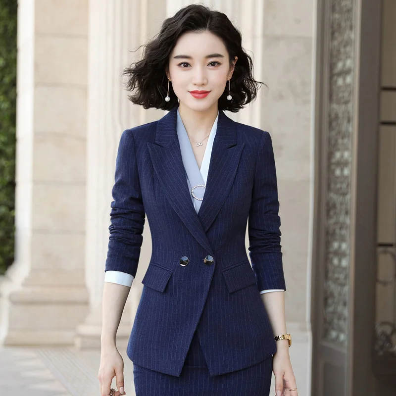 Женский офисный костюм с юбкой в полоску пиджак длинным рукавом и брюки одежда