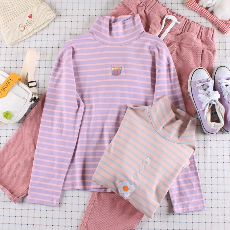 Новая японская маленькая Свободная Толстовка в полоску с вышивкой Harajuku