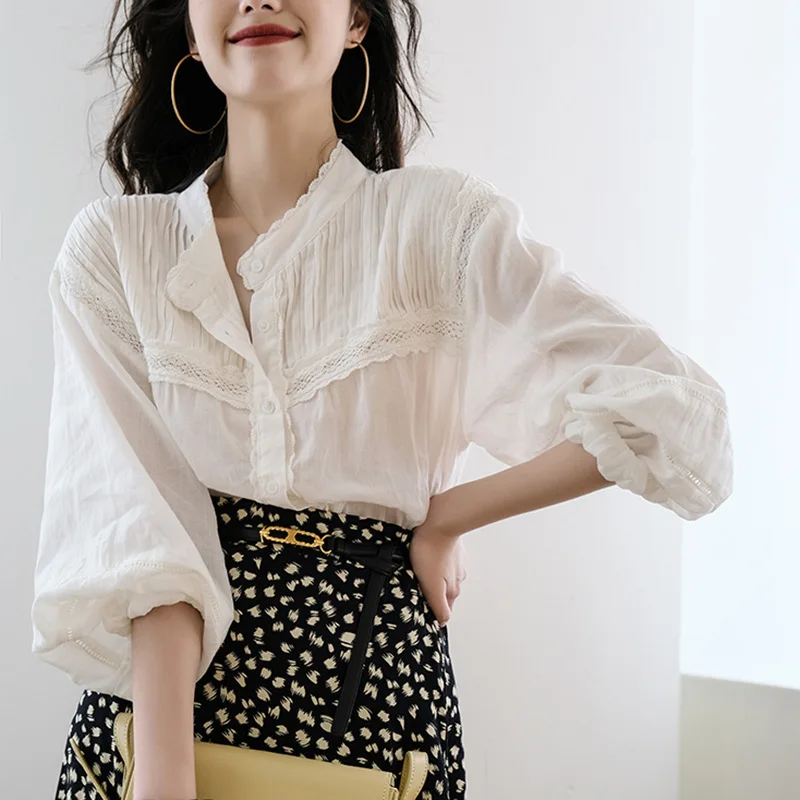 

Pirate Curiosity 2022 French Vintage Women Tops White Chic Single-Breasted Puff Sleeve Folds Loose Female Blouses Elegant Shirts