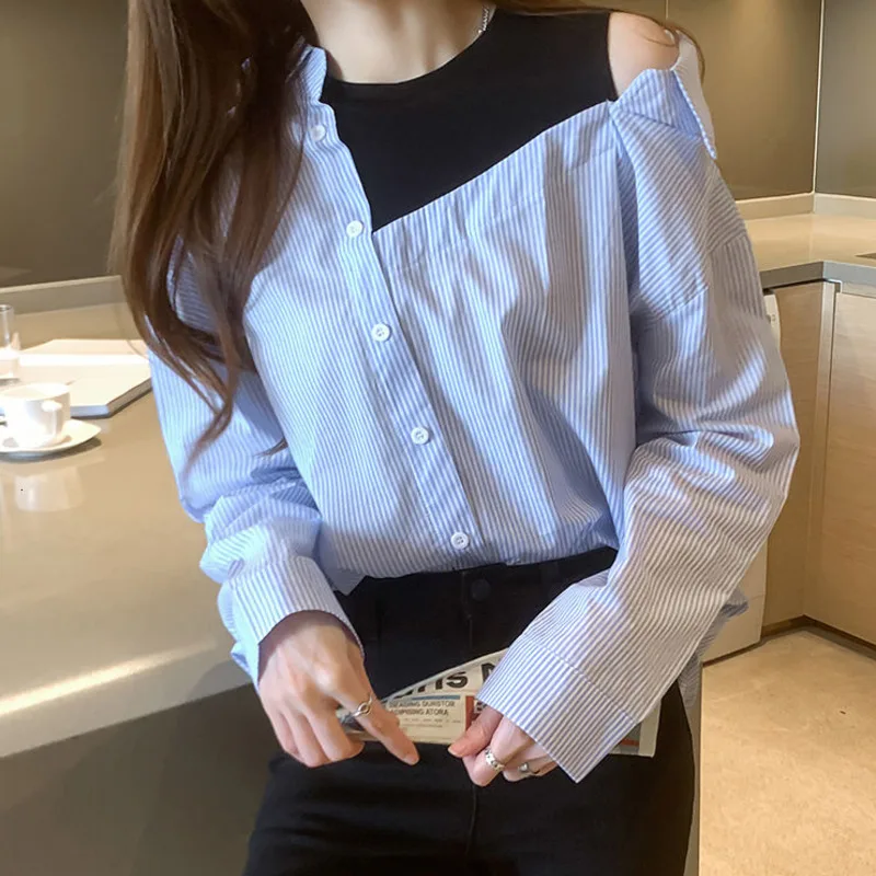 

Nkandby Oversize Striped Splice Design Shirts Women 2021 Fall Casual Loose Long Sleeve Off The Shoulder Blouses Blue Top Female