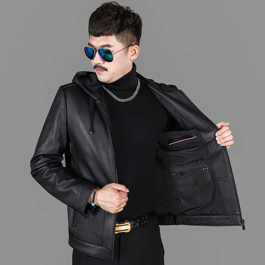 

Haining New Authentic Top Layer Deerskin Short Leather Coat Men's Business Leisure Spring Autumn Winter Coat Hooded