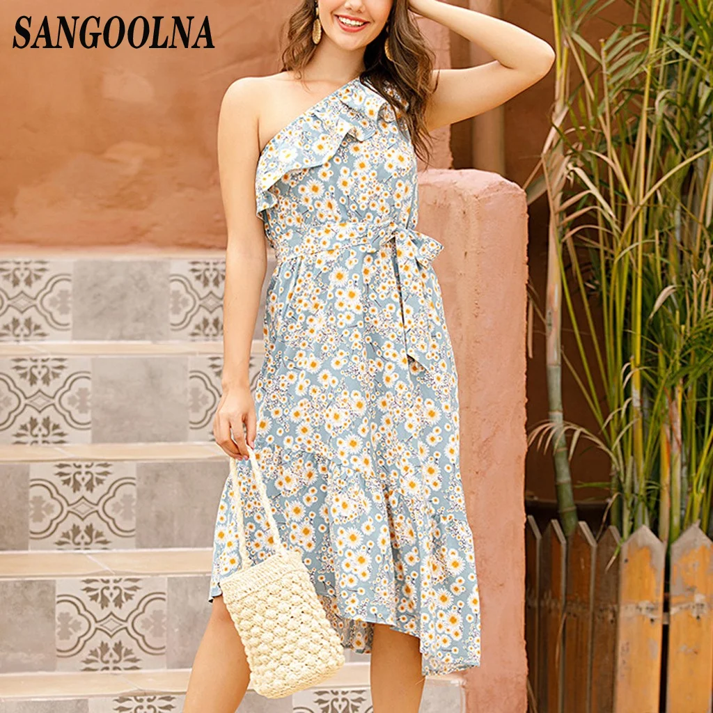 Женское асимметричное платье с рюшами элегантное пляжное в стиле бохо открытыми