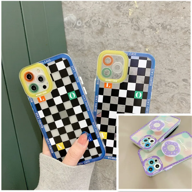 

Lattice stand mobile phone case for iphone 12 11 pro max xsmax xr xs x 8 7 plus soft silicone shockproof protective cover