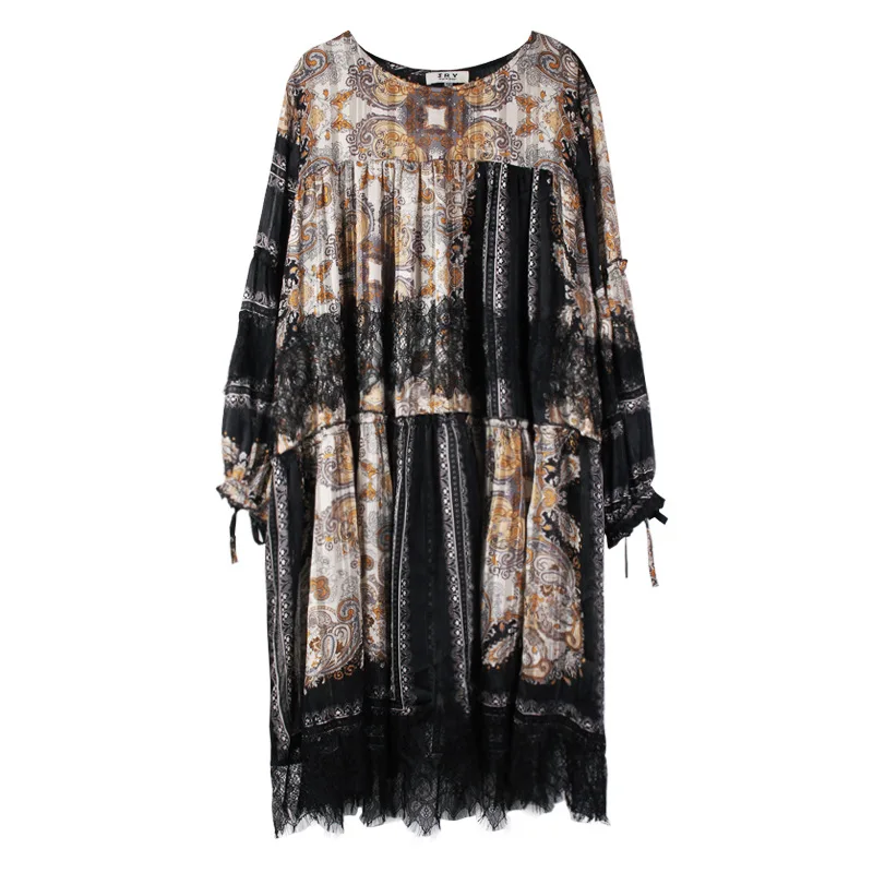 

European and American chiffon dress 2021 new spring lace splicing medium long loose large size A-line skirt boho dress