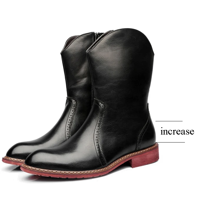 Men Motorcycle Boots Vintage Combat Boot Winter Fur Genuine Cow Leather Waterproof Buckle Military Boots Men Increase Shoes - Цвет: Black Increase