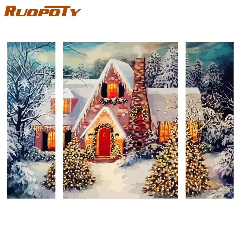 

RUOPOTY 3pc/set DIY Painting By Numbers Kits With Frame Snow House Wall Art Picture By Numbers For Home Decors Artwork