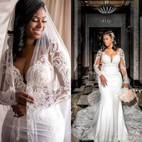 long sleeve mermaid wedding dresses sheer jewel neck 2021 long train lace bridal gowns plus size vintage african bride wedding
