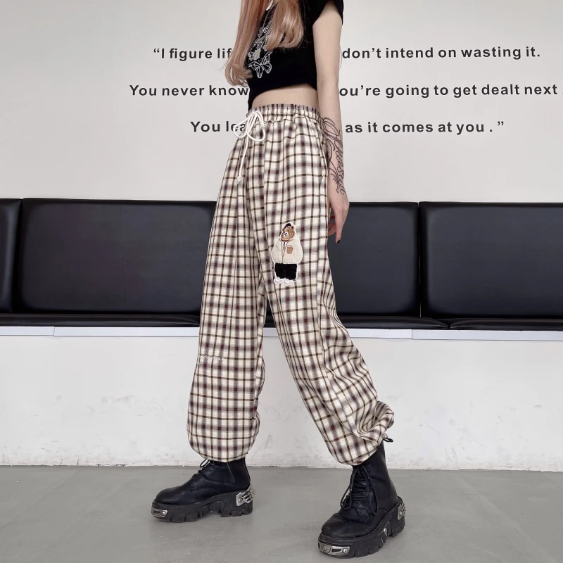 

Autumn High Waist Pants Fashion Vintage Oversized Harajuku Casual Plaid Elasticated Trousers Chic Joggers Streetwear Sweatpants