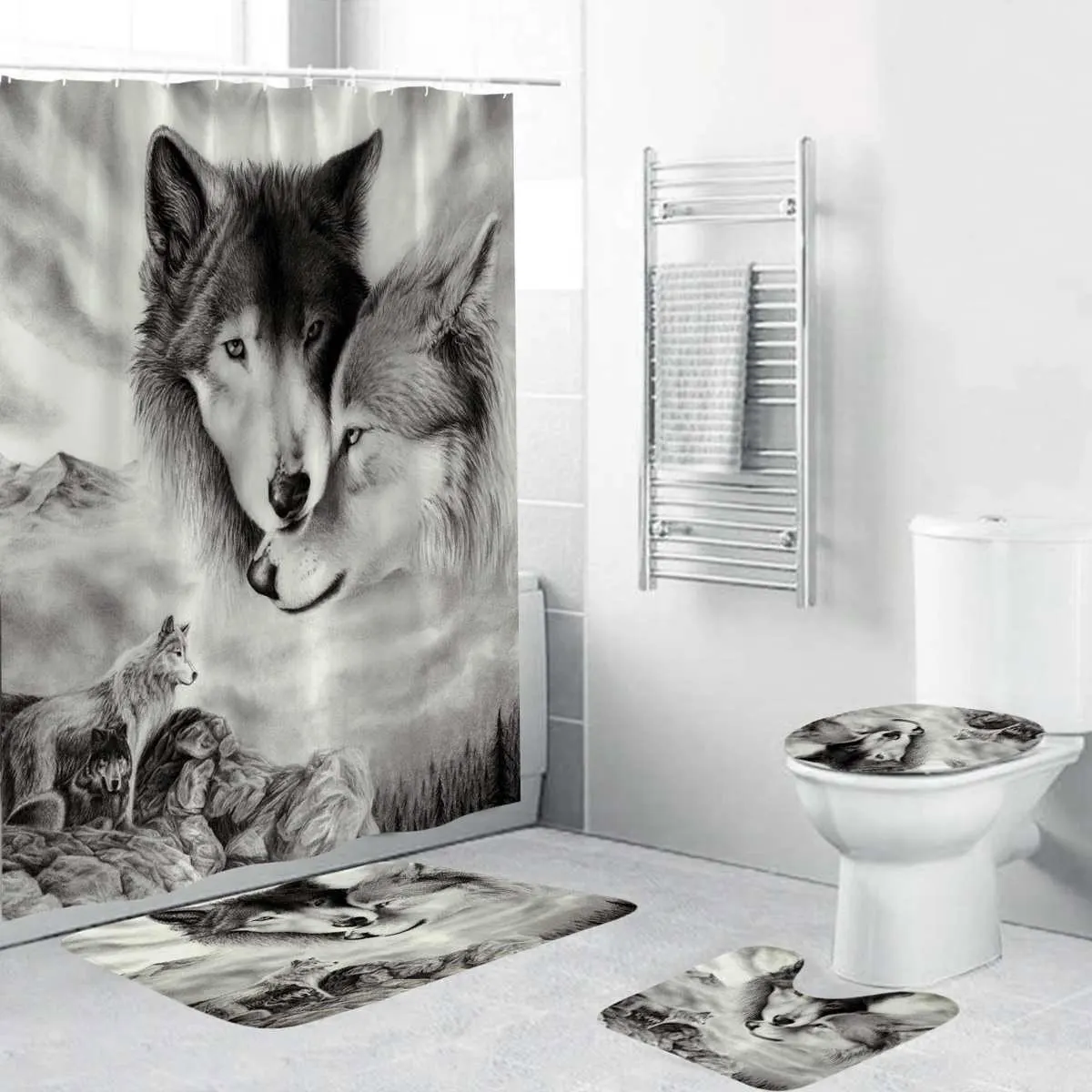 

180x180cm 1Pc/3Pcs/4Pcs White Wolf Dream Catcher Wolf Eyes With 12 Hooks Bathroom Shower Curtain Toilet Mat Lid Rug Curtain Sets