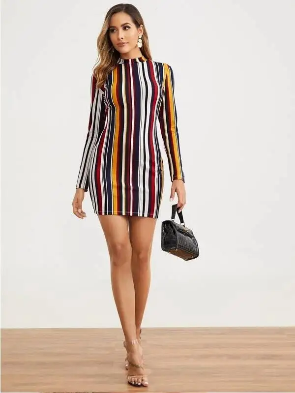 Женское платье 2020 весенние платья в полоску с круглым вырезом и длинным рукавом