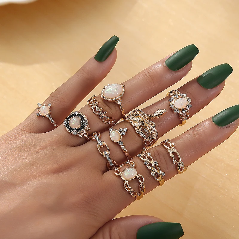 

Bohemian Women Rings Anise Snake Crown Cross Drops Geometry Crystal Joint Gold Fancy Ring Set Personality Wedding Jewelry 2020