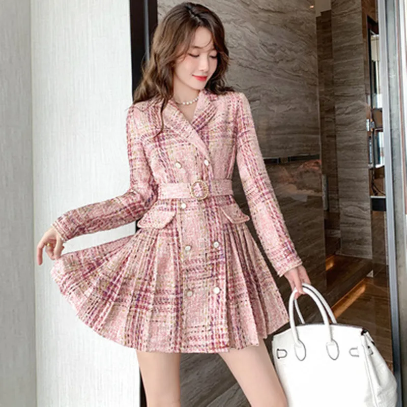 

Small Fragrance Temperament Tweed Dress Women's 2021 Autumn Winter New Double Nreasted Woolen Long Sleeve Dress With Belt