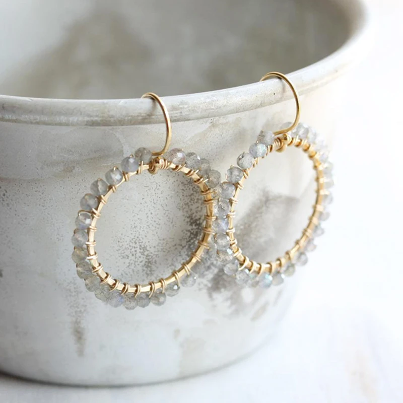 

14K Gold Filled Circle Earrings Natural Moonstone Brincos Hammered Gold Jewelry Oorbellen Boho Pendientes Women Drop Earrings
