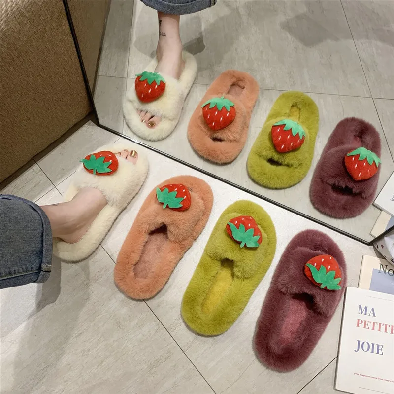 

2021 winter Korean Furry slippers Women's shoes female flat word with fur slippers fashion thick bottom home lazy slippers women