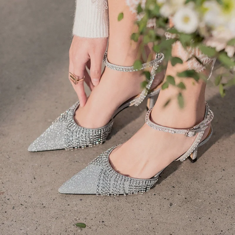 

New 2021 Hots Summer Fashion Women Sandals Shoes Sexy High Heels Pointed Toe Black Silver Crystal Dress Party Wedding Shoes 41