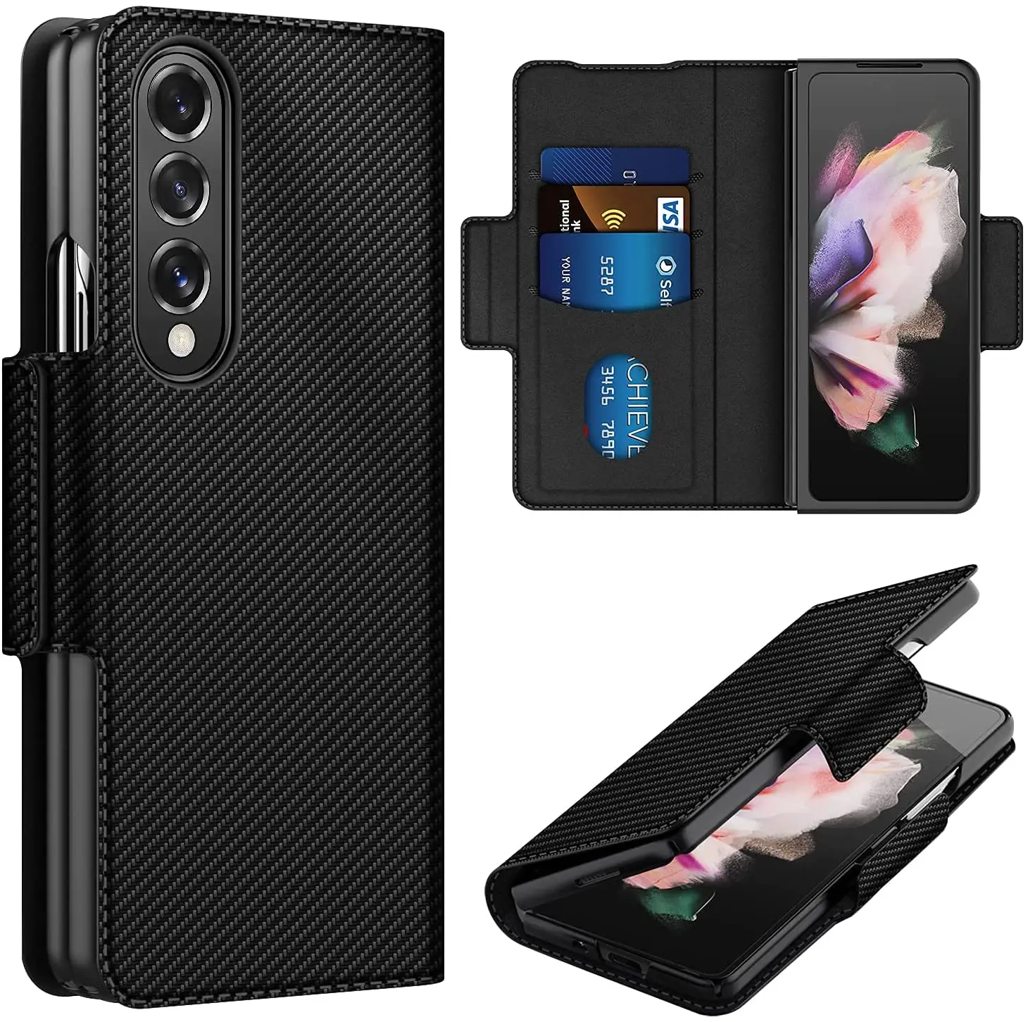 Funda de cuero de fibra de carbono para Samsung Galaxy Z Fold 3, 5G, 2021, BILLETERA, todo incluido, con tapa magn&eacute;tica para tarjetas, para Galaxy Z Fold 3-0