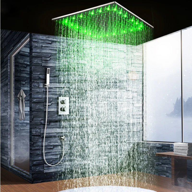 

Bathroom Rain Waterfall LED Shower Faucets Set Wall Mounted Thermostatic Top Spray Shower System Bathtub Shower Mixer Faucet Tap
