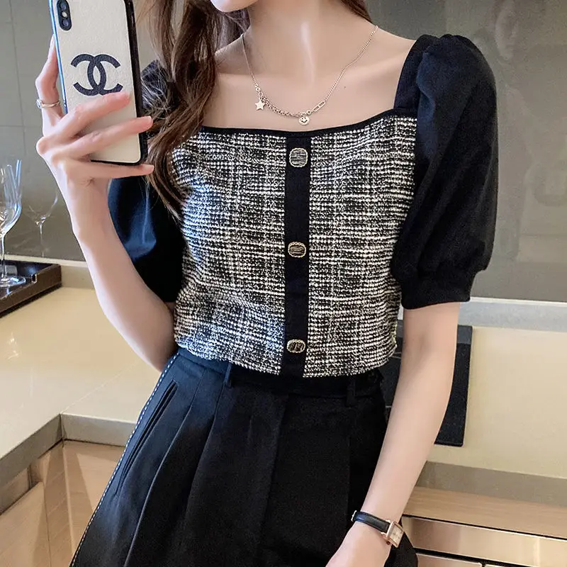 

2021 summer new women's wear square neck bubble sleeve foreign style small shirt exposed clavicle short top fashion