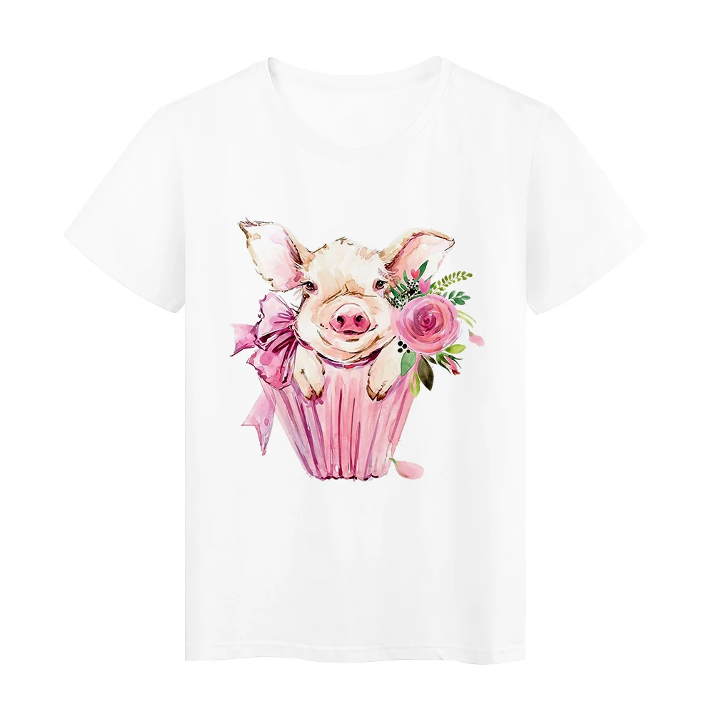 

Aesthetic Cute Pig Printed Holding Flowers Women T-shirts Fashion Korean Trend Teens Girls T-shirt Spain Popular Ropa Mujer