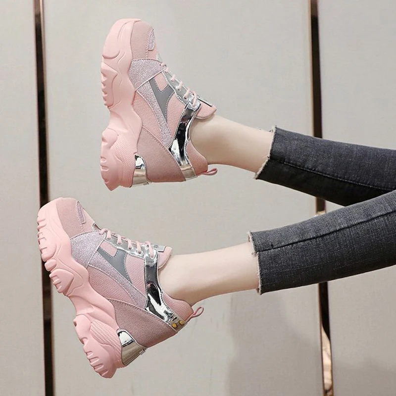 

Lucyever Autumn White Wedges Sneakers Women Breathable Mesh Chunky Platform Shoes Woman Lace-up Patchwork Thcik Sole Sneakers