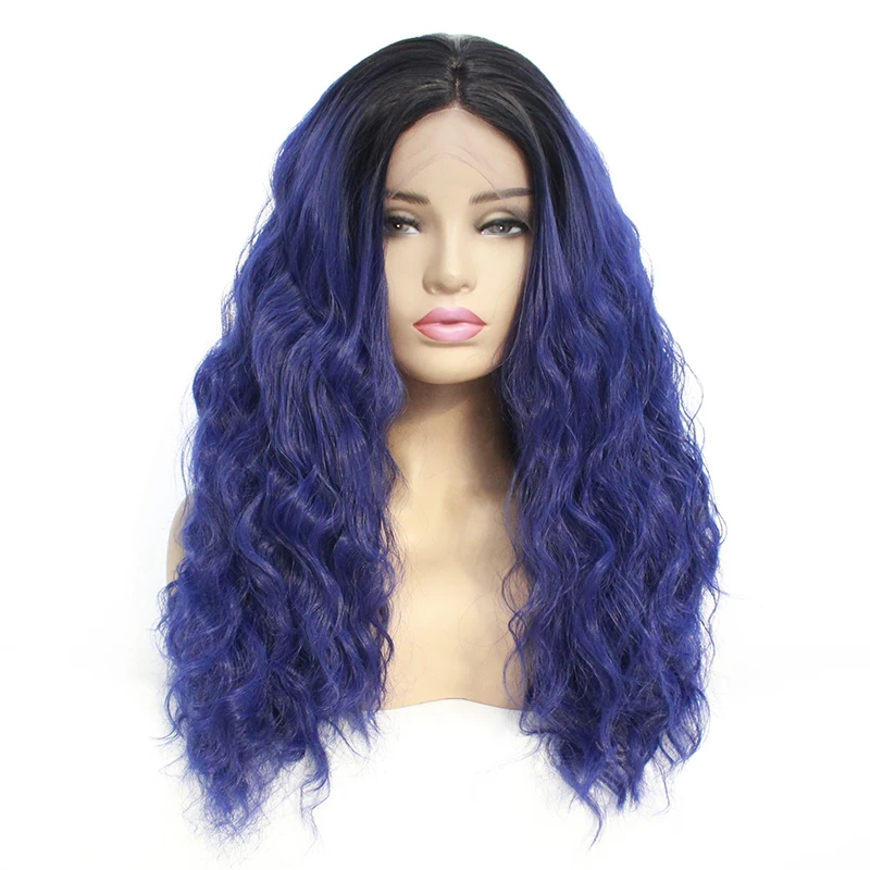 

Модный синтетический парик с глубокой волной на сетке спереди, Свободные Вьющиеся передние волосы на сетке, длинный синий розовый парик с э...