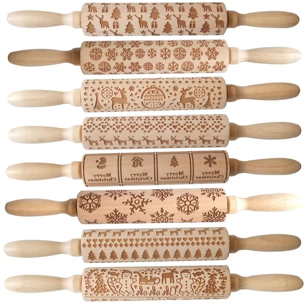 

Wood Christmas Printing Rolling Pin Wooden Carvings Embossing Elk Snowflake Christmas Tree Snowman Rolling Pin Cookies Crafts