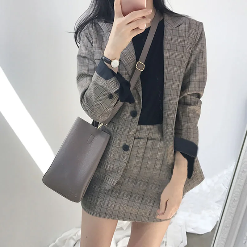Винтажный осенний Женский комплект из двух предметов повседневный клетчатый