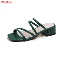 cdaxilan new to slippers women genuine cow leather open toe square heels mid heels outdoor fashion slippers summer shoes