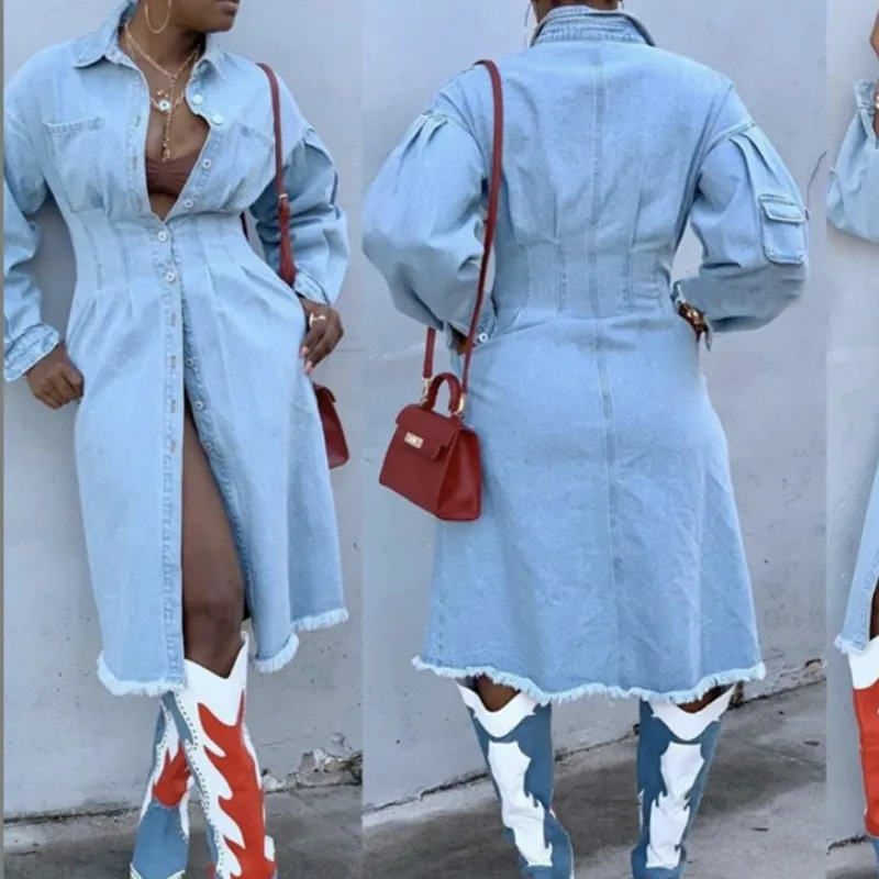 

Autumn Winter Sexy Turn-down Collar Jean Jacket For Women Loose Casual Fashion Women Fashion Coats Outerwear Denim Ladies 2021