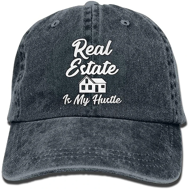 

Real Estate is My Hustle Funny Realtor Gift Unisex Washed Twill Cotton Baseball Cap Vintage Adjustable Hat Navy