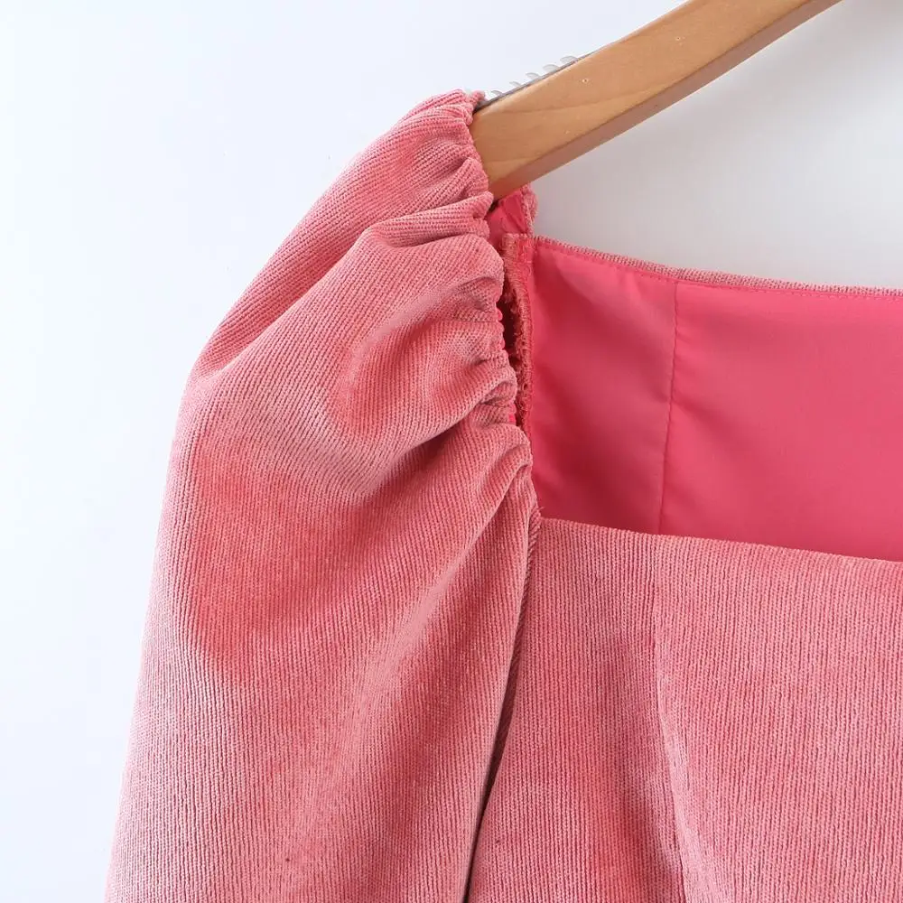 

2020 Retro French Style Puff Long Sleeve Corduroy Shirt Vintage Women Side Zipper Slim Short Blouse Cropped Tops