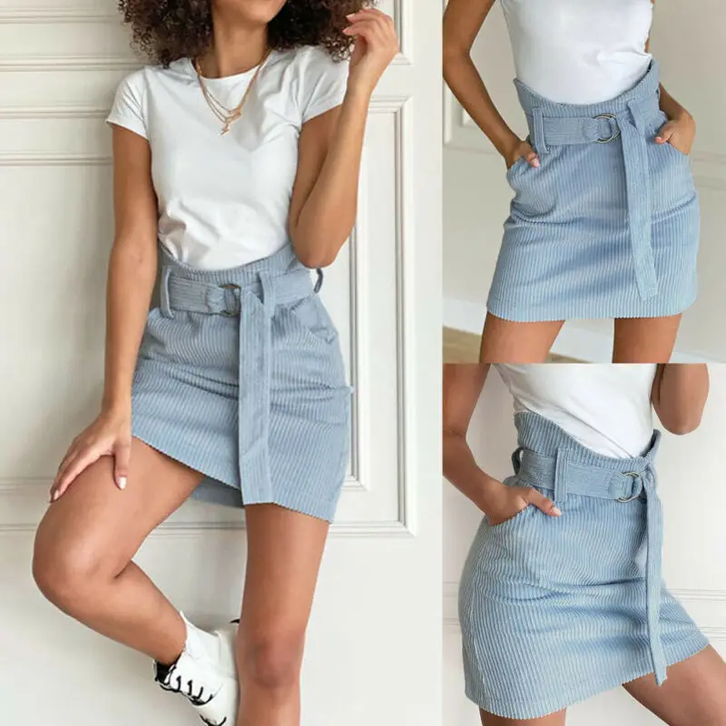 Женская мини юбка с высокой талией голубого цвета|Женские юбки| |