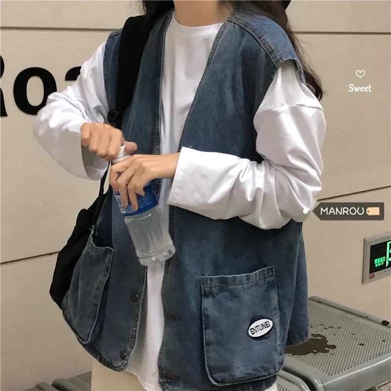 Женский джинсовый жилет в стиле Харадзюку новый стильный кардиган без рукавов