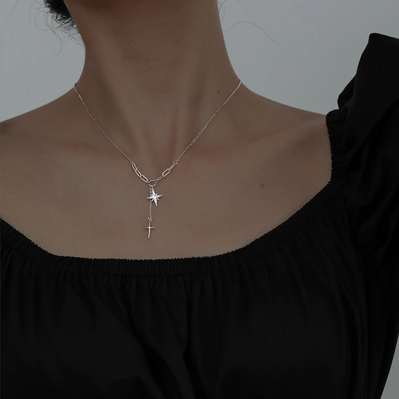 925 Sterling Silver Four-Pointed Star Necklace Simple Clavicle Chain Shiny Zircon Tassel Cross Pendant Party Wedding Jewelry