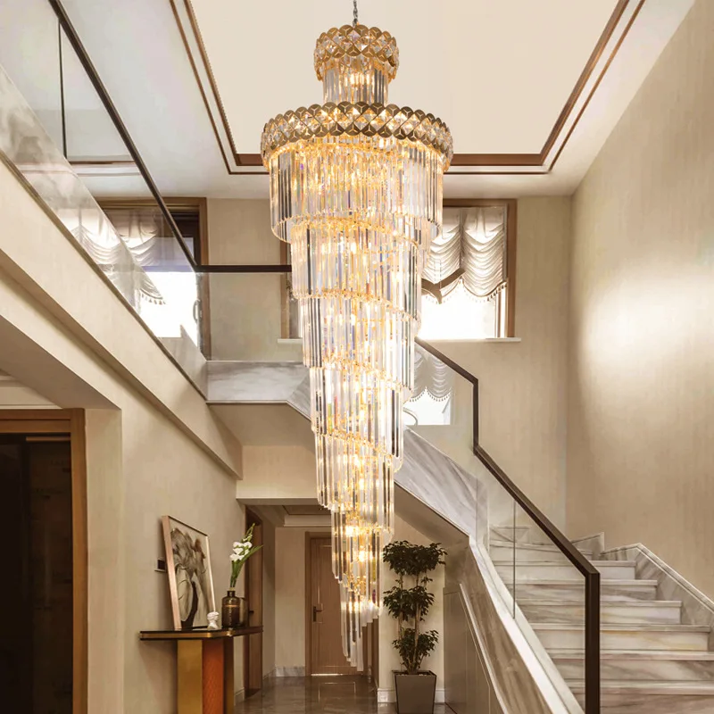 

Modern Crystal Chandelier For Staicase Long Villa Chain Lighting Fixture Large Home Decor Gold Stainless Steel Cristal Lamp