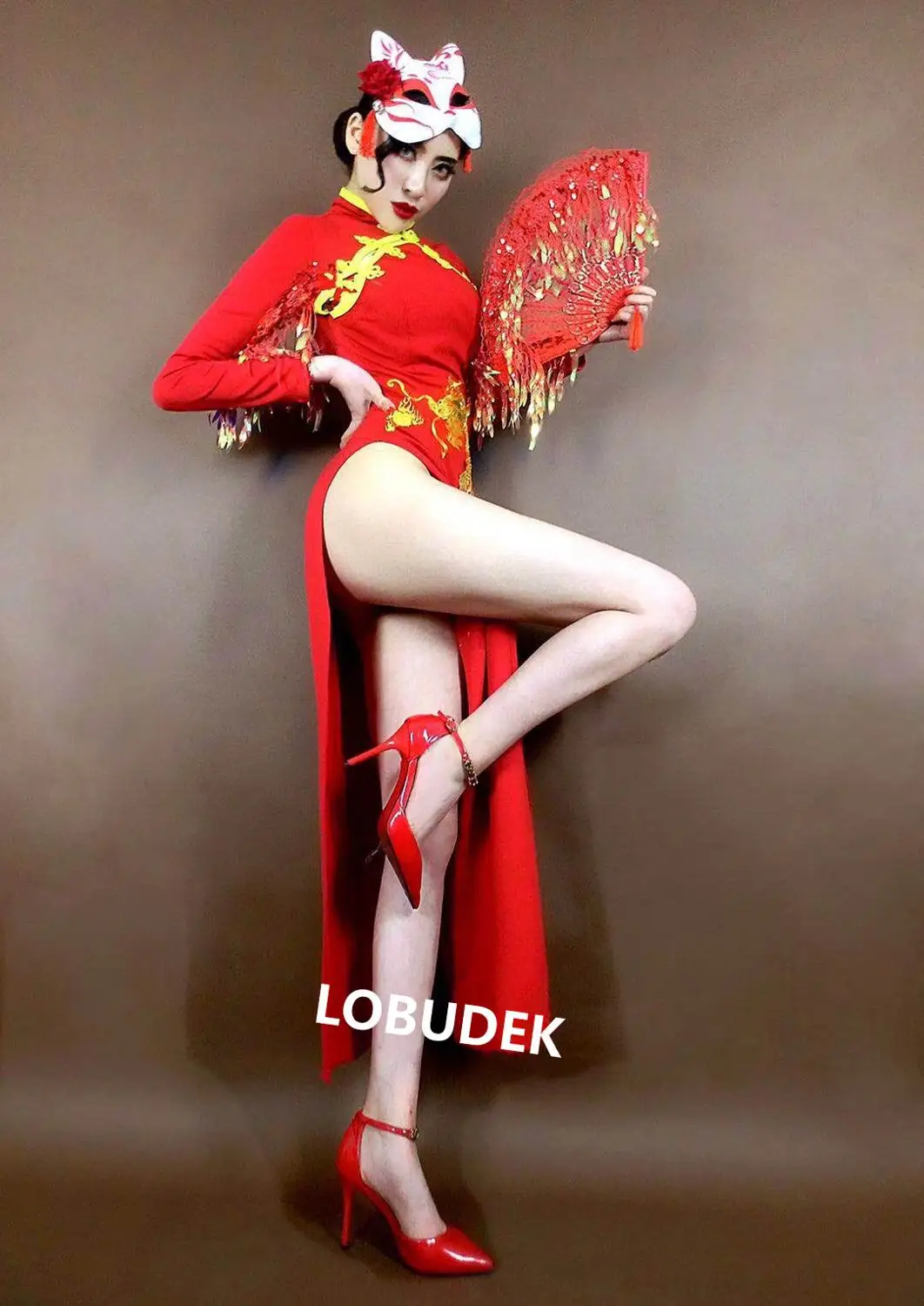 Женское сценическое платье-Ципао с бахромой блестками и разрезом | Тематическая