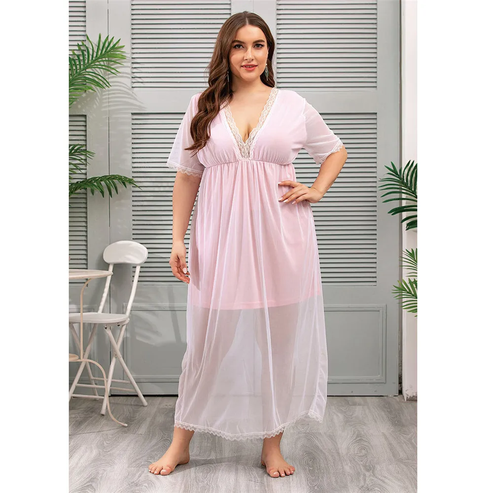 

Plus Size Lace Patchwork Short Sleeve Night Dresses Women Nightwear 2021 Summer Solid Sexy Sleepwear Sleepshirts Home Leisure