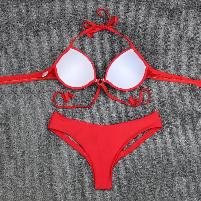 

Sexy Bandage Thong Summer Women Two Pieces Swimsuit Low Waist Bikini Swimwear Push Up Bathing Suit Plain Maillot De Bain
