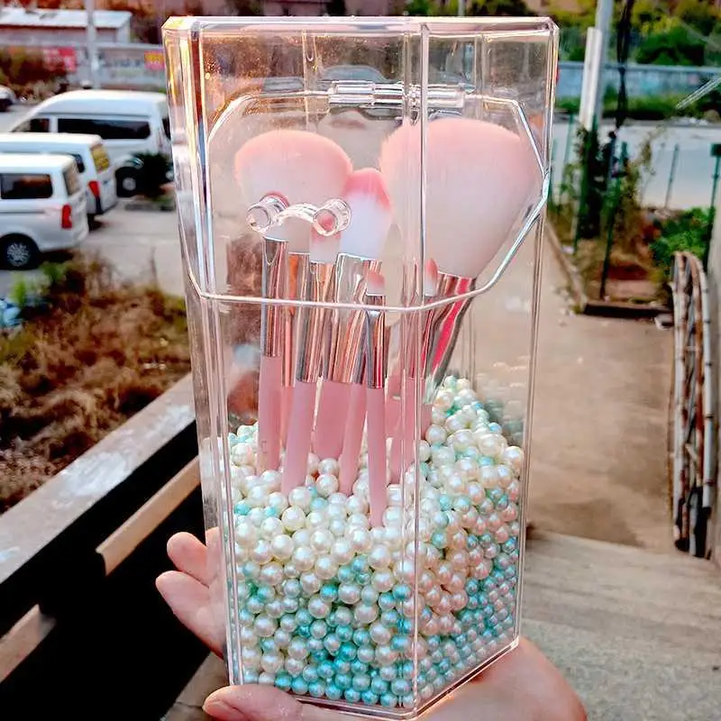 Transparent Acrylic Makeup Brush Storage Tube Fine Pearl Box Pen Holder Desktop Dustproof Without | Дом и сад