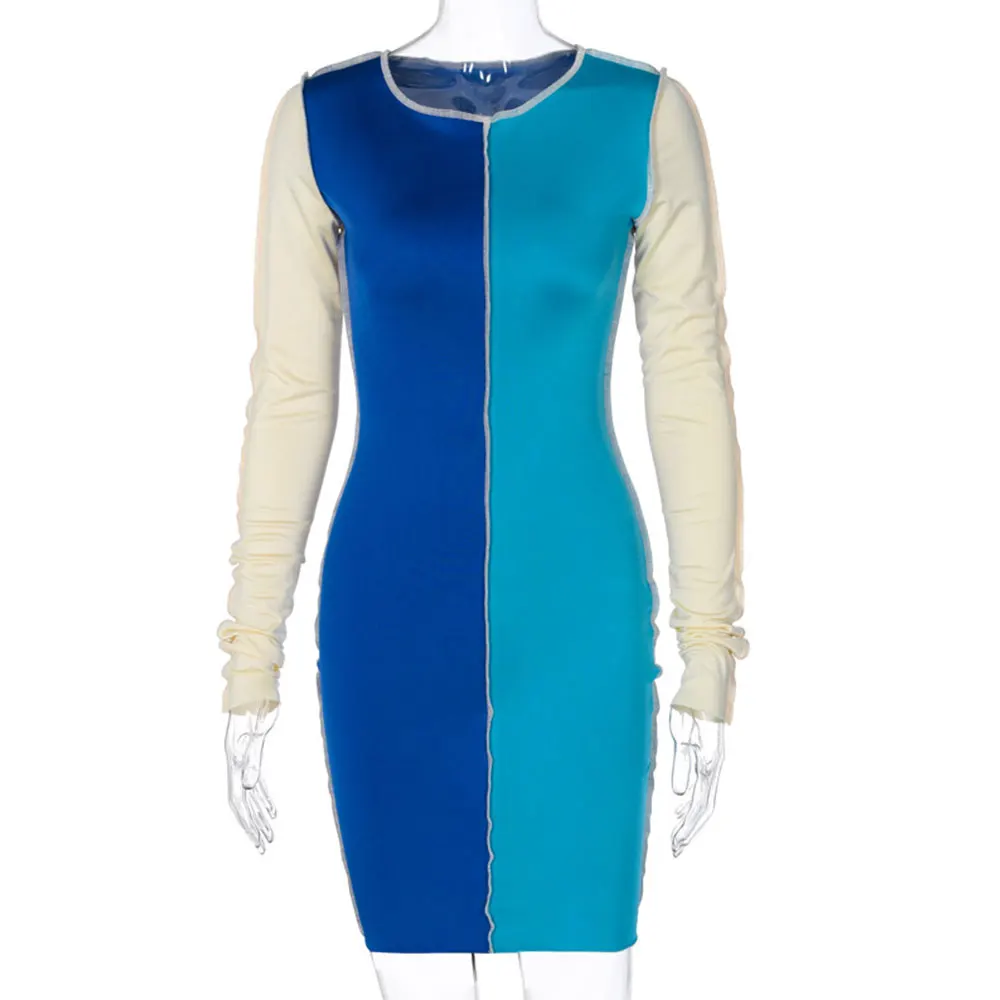 

Vintage Long Sleeve Patchwork Bodycon Dress Casual O Neck Slim Mini Dress Spring Autumn Office Lady Skinny Short Dress 2021