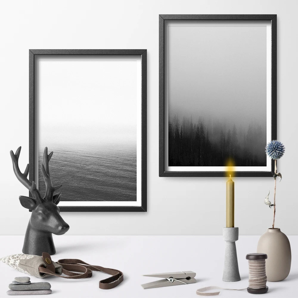 Минималистичный черно белый морской лес современный плакат и печать пейзаж