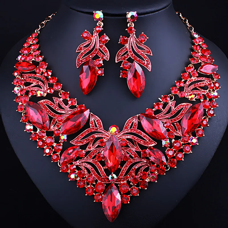 

Painted rhinestone leaf necklace earrings two-piece temperamental party dance celebration dress up bride wedding jewelry set