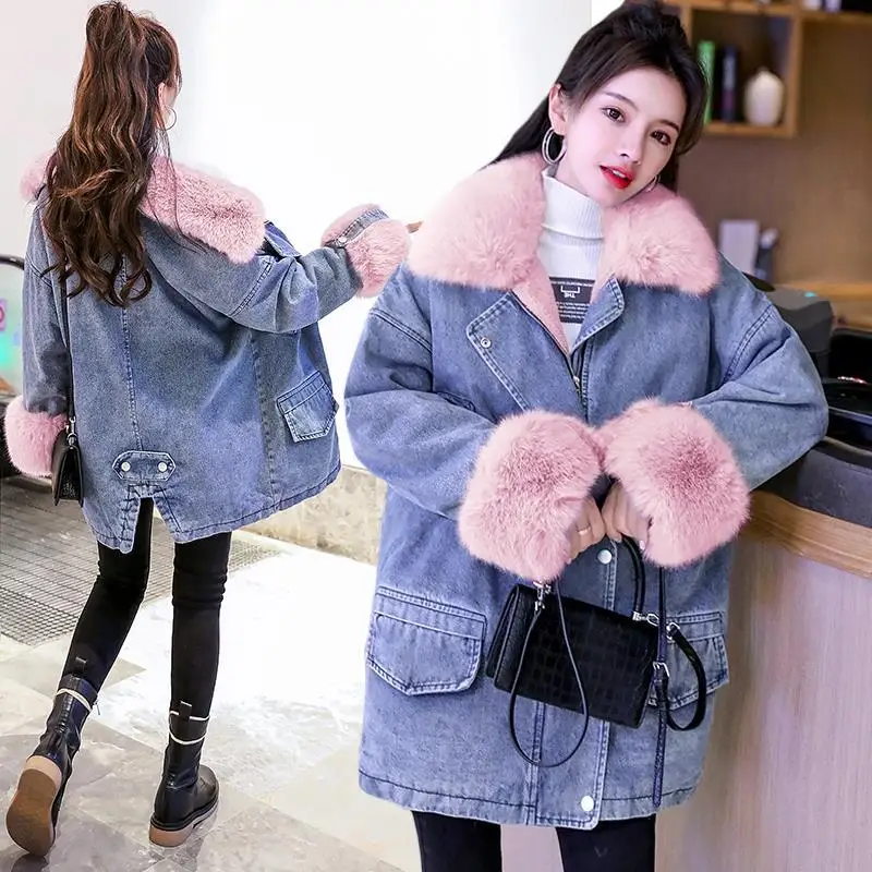 

Winter Korean Fashion Faux Fur Collar Denim Coat Women Thick Parka Outwear Office Ladies Coat Plush Thickened Warm Jeans Jacket