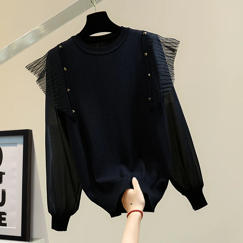 

Chiffon Sleeves Patchwork Ruffled Knitwear 2021 Spring Solid Color Elastic Sweater Outerwear Female Knit Shirt Women Pullover