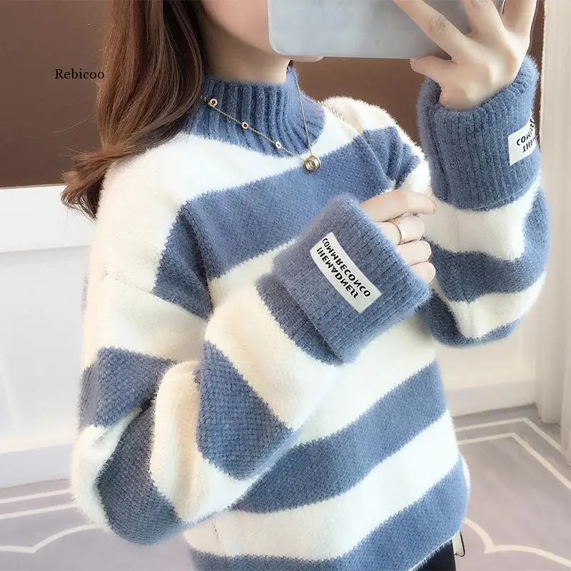 

Sweater Women Turtleneck Pullover Jumper Stripe Thick Sweater Imitated Mink Wool Sweater Sweter Women Clothes Vestidos