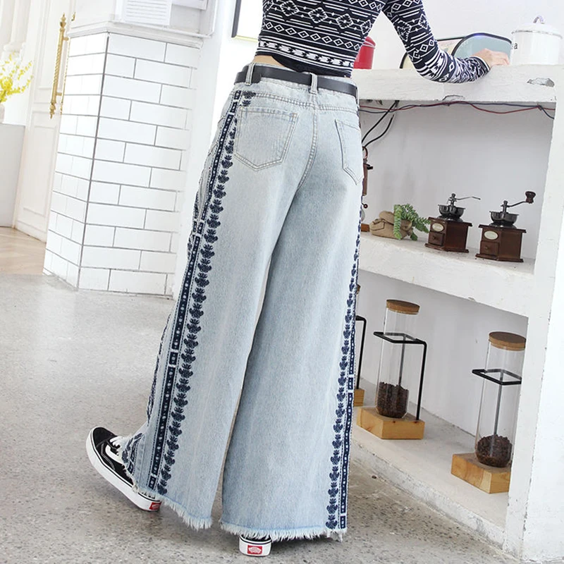 Женские джинсы с высокой талией Узкие Широкие брюки из денима винтажной вышивкой