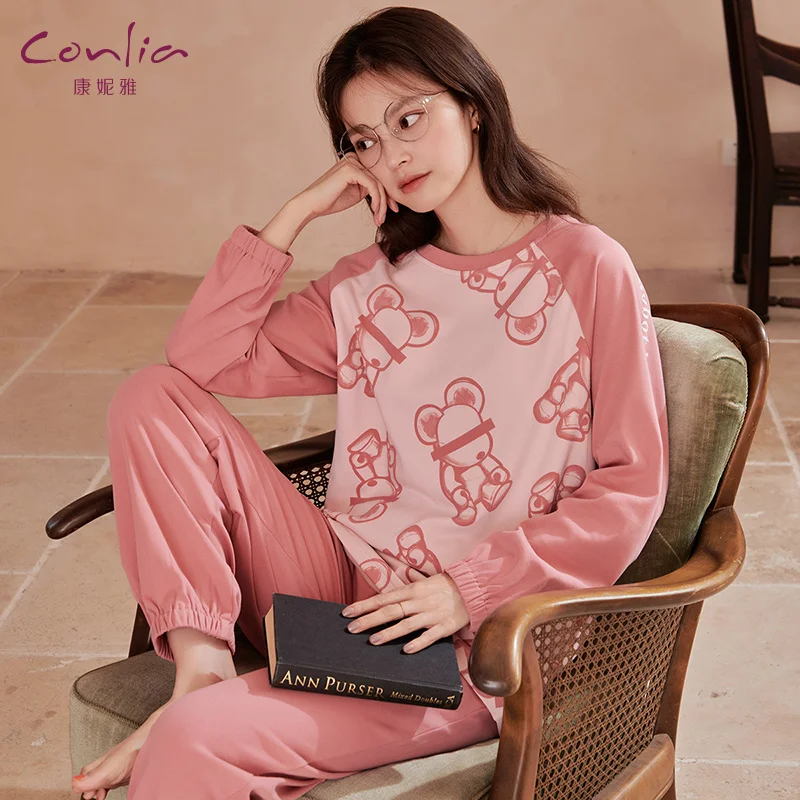 

Conlia Pajamas Women's Autumn Long Sleeve 2-Piece Loose Cotton Cute Sweet Home Wear Suit